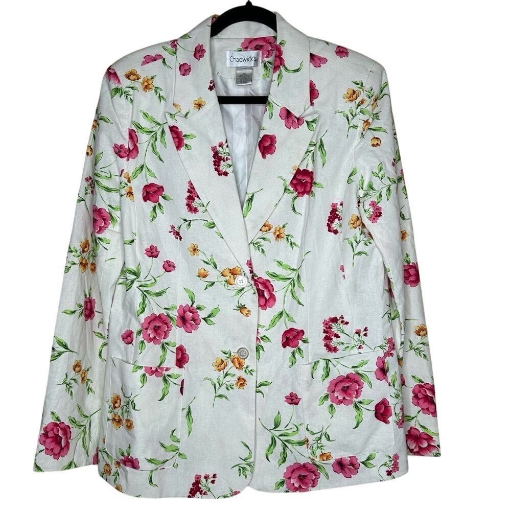Chadwicks Womens Floral Linen Cotton Blazer Pink White Botanical Jacket Size 12